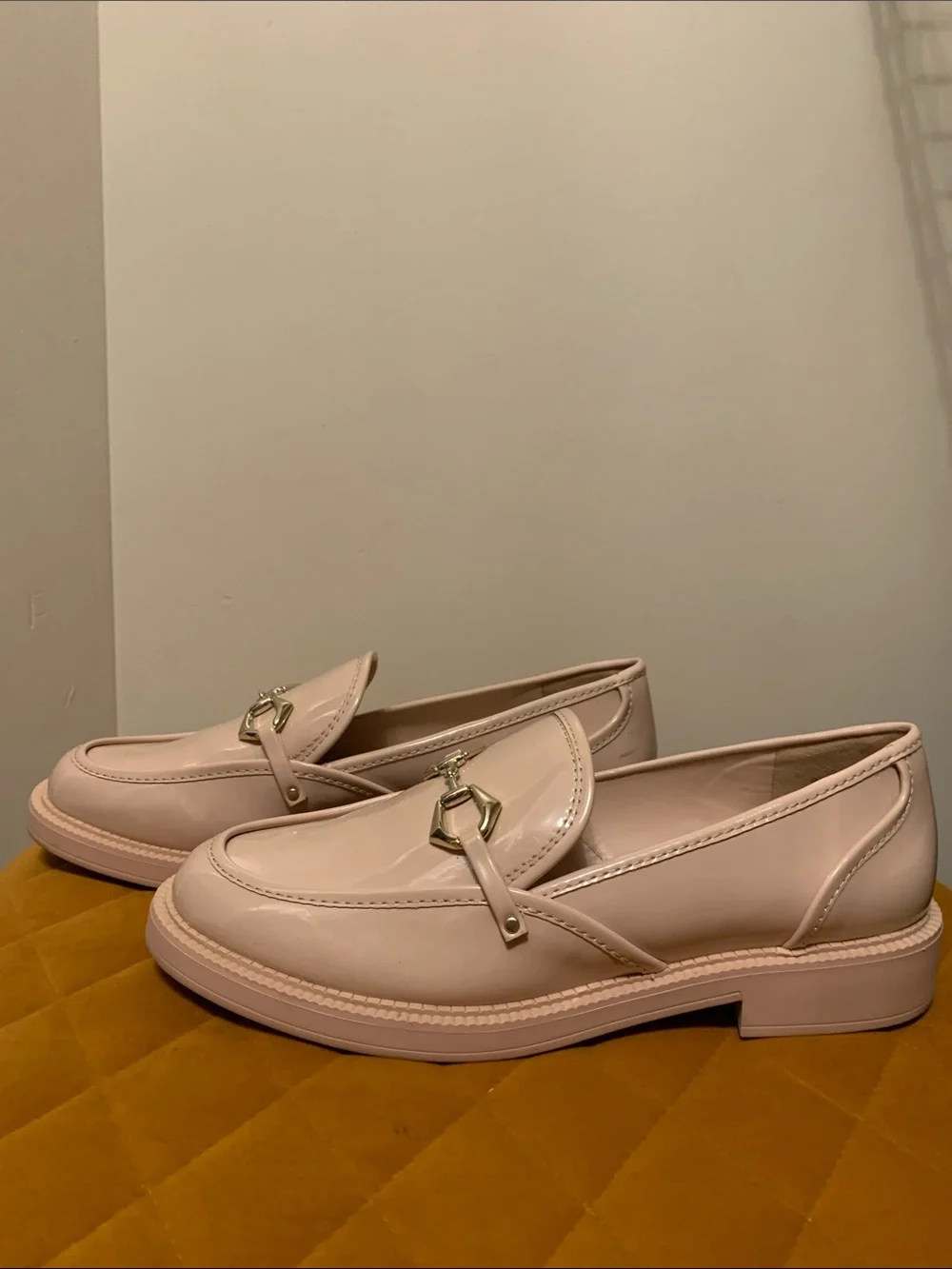 Vince Camuto Blush Patent Loafers with Gold Horsebit